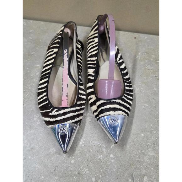 Michael Kors Shoes Womens Size 7.5 Zebra Stripe Pointed Toe Flats Silver Cap Toe - Picture 1 of 8